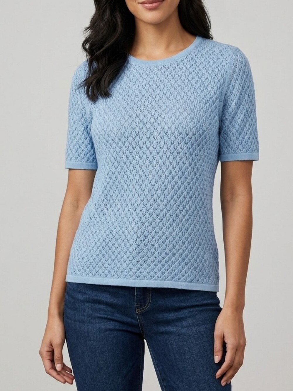 Alfred Dunner Short Sleeve Textured Diamond Pointelle Knit Sweater Top - PS